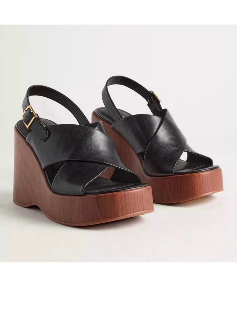 Black Leather Crisscross Slingback Wedge Sandals